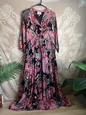Banjanan Pink and Black Floral Tiered Balloon-Sleeve Maxi Dress Size XS